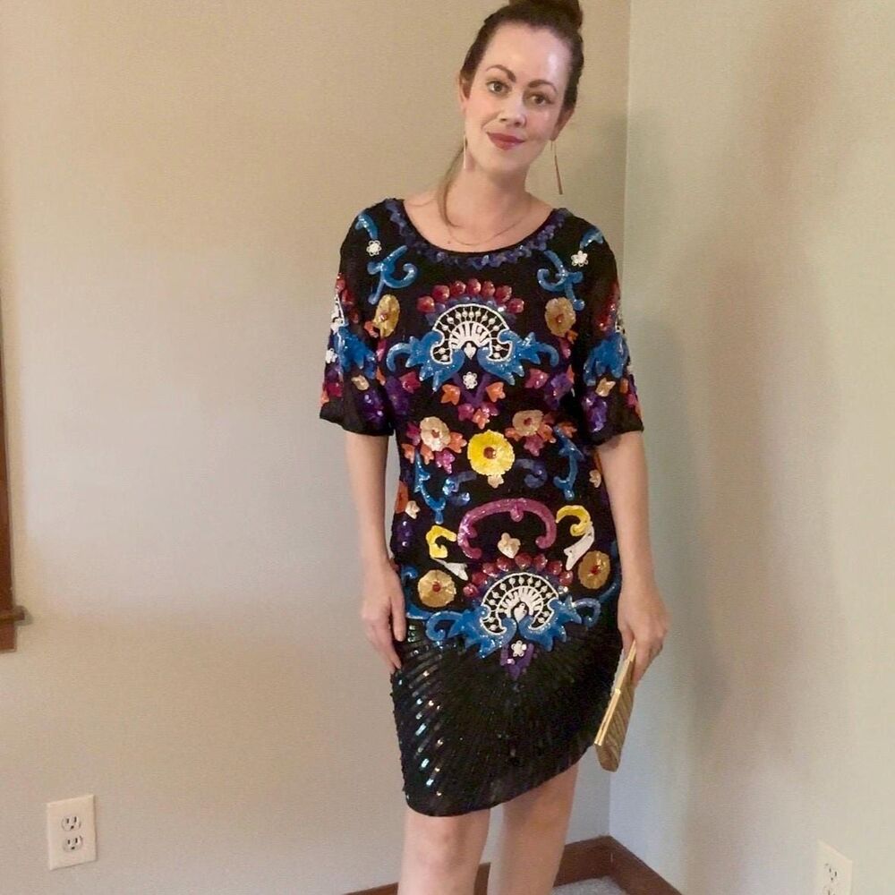 Deadstock Vintage 80s Hand-Beaded Silk Rainbow Cocktail Dress Size Small
